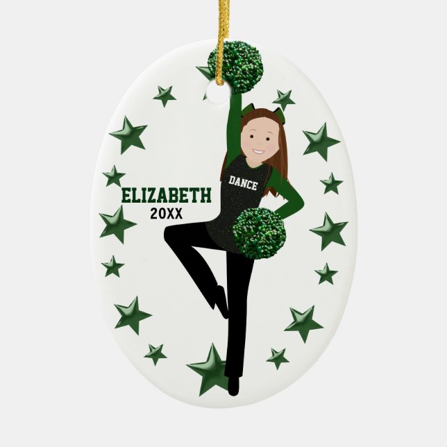 Brunette Pom Squad Green & Black Ceramic Tree Decoration (Front)
