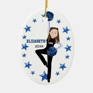 Brunette Pom Squad in Black, Blue & White Ceramic Tree Decoration
