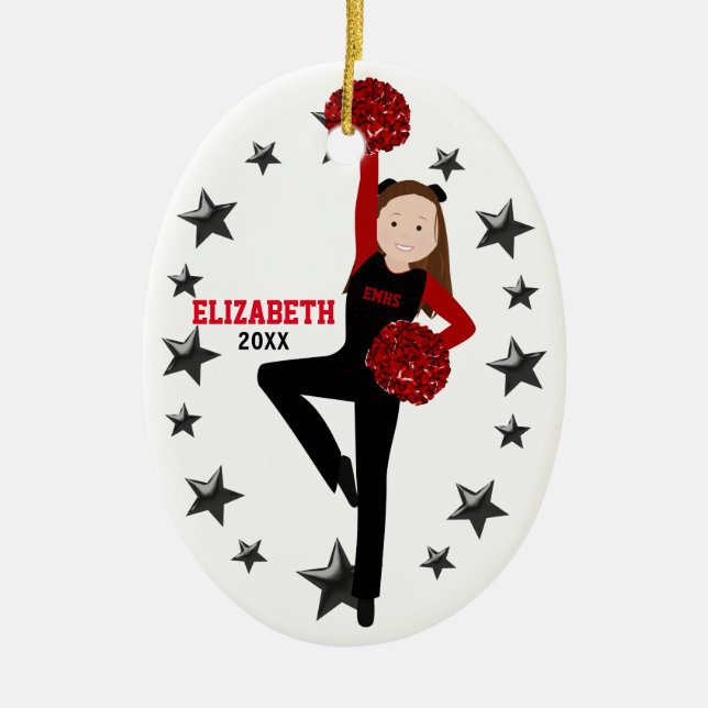 Brunette Pom Squad in Black & Red Ceramic Tree Decoration (Front)