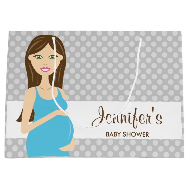 Brunette Pregnant Woman In Blue Dress Baby Shower Large Gift Bag (Front)