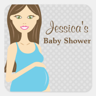 Brunette Pregnant Woman In Blue Dress Baby Shower Square Sticker