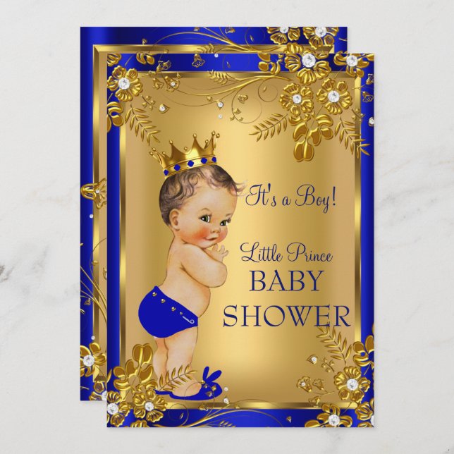 Brunette Prince Boy Baby Shower Gold Blue Floral Invitation (Front/Back)