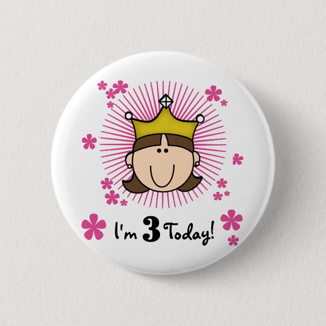 Brunette Princess 3rd Birthday Tshirts and Gifts 6 Cm Round Badge (Front)