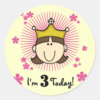 Brunette Princess 3rd Birthday Tshirts and Gifts Classic Round Sticker