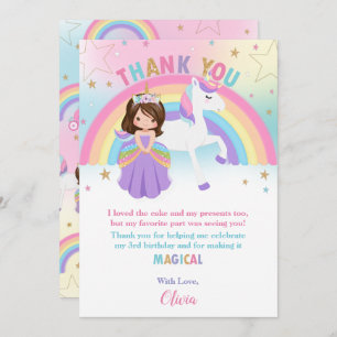 Brunette Princess and Rainbow Unicorn Birthday Thank You Card