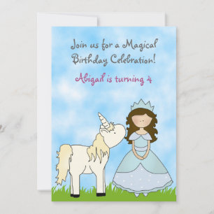 Brunette Princess and Unicorn Birthday Invitation