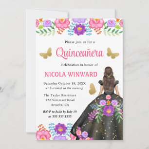 Brunette Princess Mexican Floral Dress Quinceanera Invitation