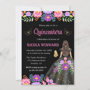 Brunette Princess Mexican Floral Dress Quinceanera Invitation