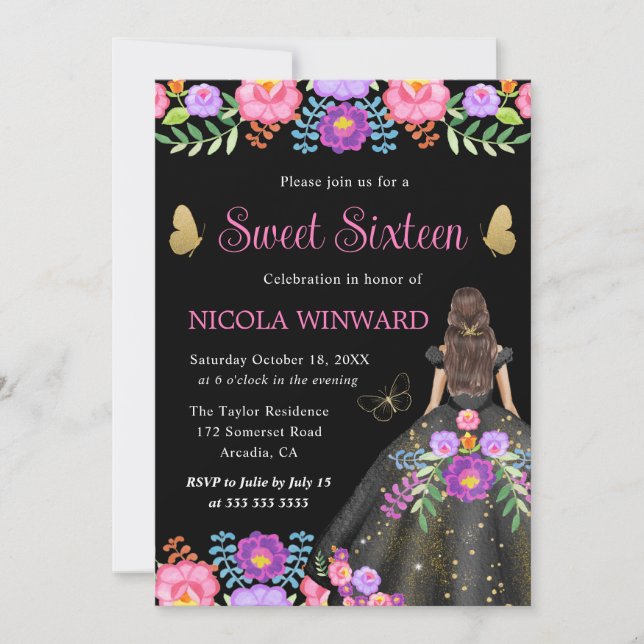 Brunette Princess Mexican Floral Dress Sweet 16 Invitation (Front)