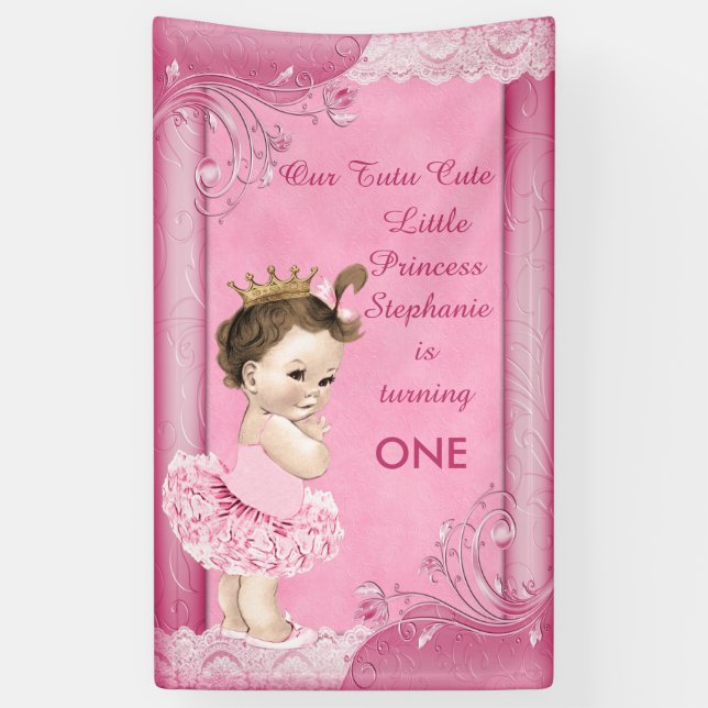 Brunette Princess Tutu Cute 1st Birthday Faux Lace Banner (Vertical)