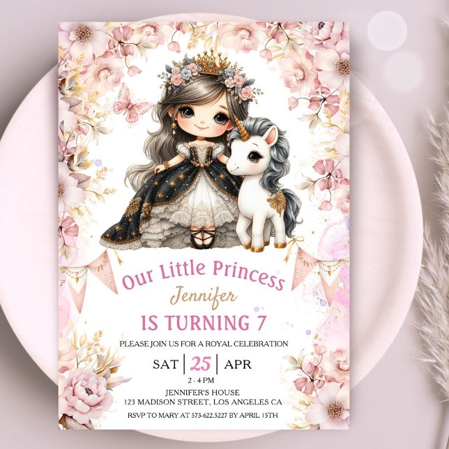Brunette Princess Unicorn 7th Birthday Invitation (Creator Uploaded)
