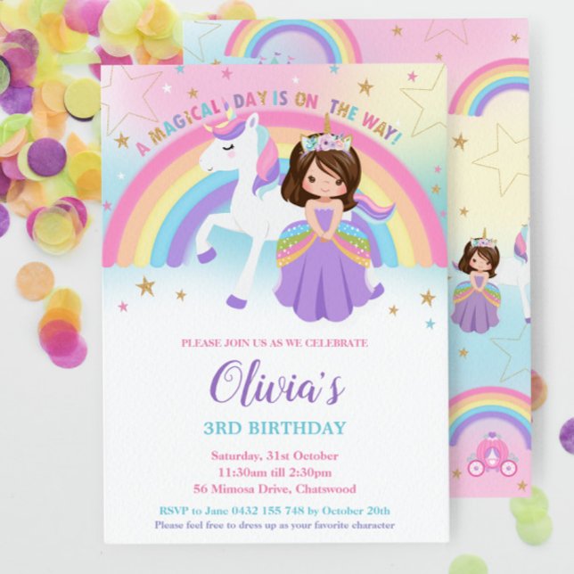 Brunette Princess Unicorn Birthday Rainbow     Invitation (Creator Uploaded)