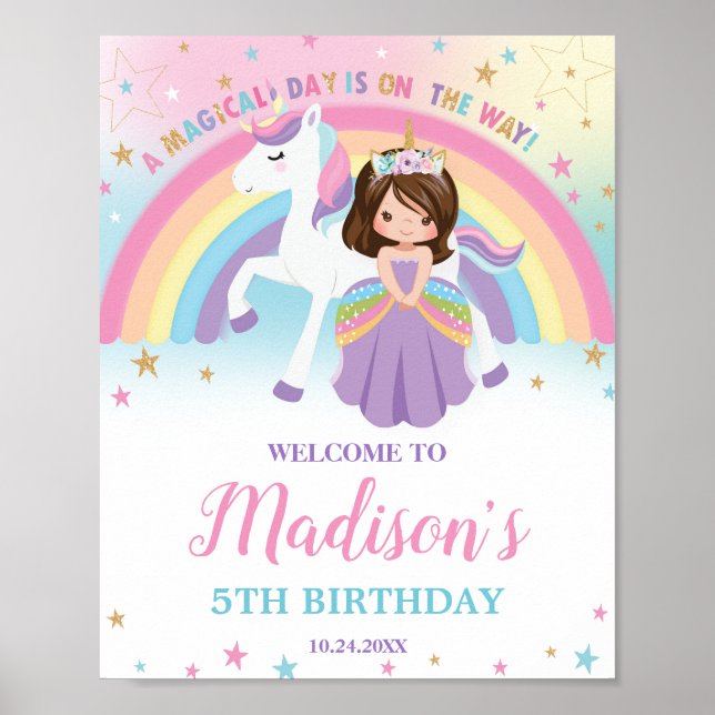 Brunette Princess Unicorn Birthday Rainbow Welcome Poster (Front)