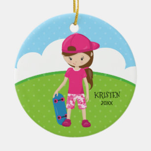 Brunette Skateboard Girl Personalised Christmas Ceramic Tree Decoration