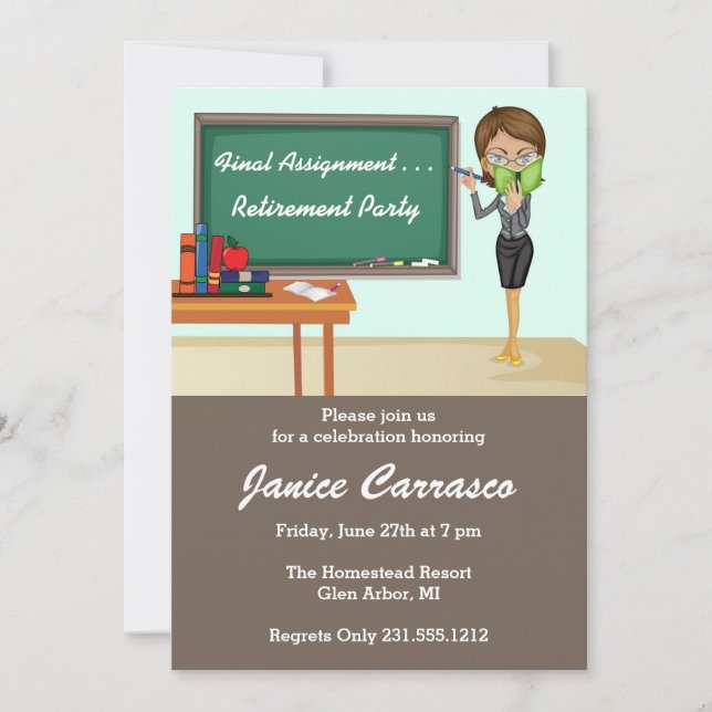 Brunette Teacher Retirement Party Invitation (Front)
