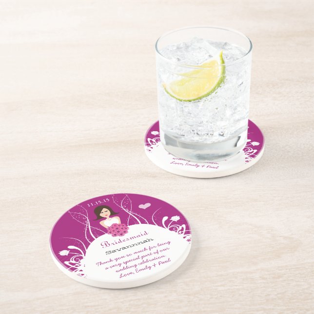 Brunette with Side Part on Plum Bridesmaid Coaster (Side)