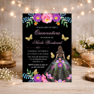 Brunette Woman in Mexican Floral Dress Quinceanera Invitation