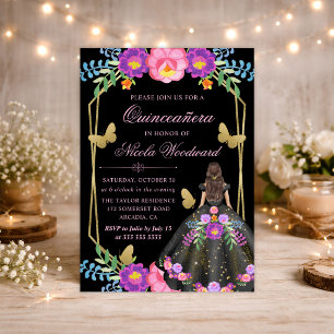 Brunette Woman Mexican Floral Dress Quinceañera Invitation