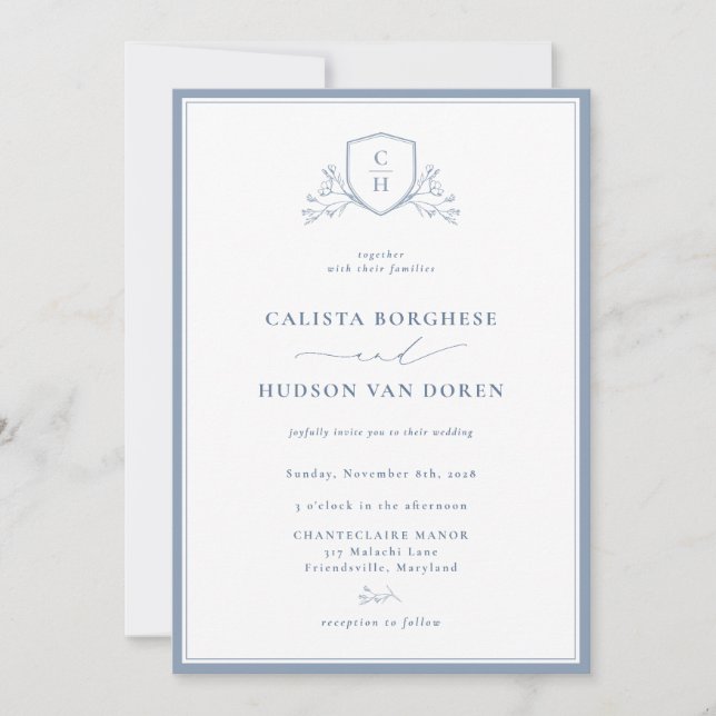 BRUNSWICK Floral Monogram Wedding Crest Invitation (Front)