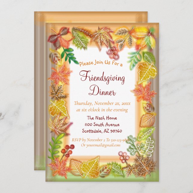 Brush Art of Fall Foliage For Thanksgiving Invitation (Front/Back)
