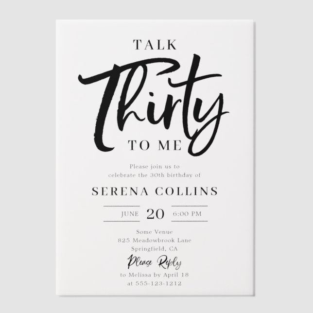 Brush Calligraphy 30 Birthday Funny Talk Thirty Vellum Invitations (Front)