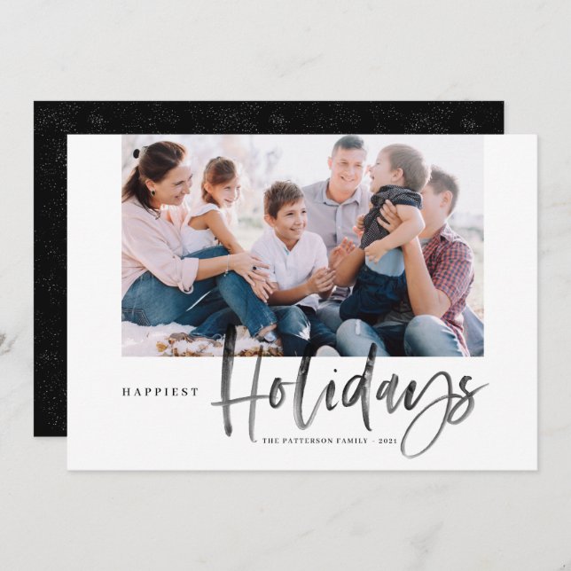Brush Calligraphy Black Happiest Holidays Photo Holiday Card (Front/Back)