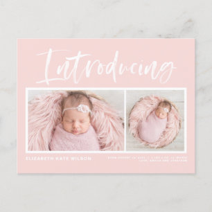 Brush Calligraphy Blush Pink Photo Collage Birth Announcement Postcard