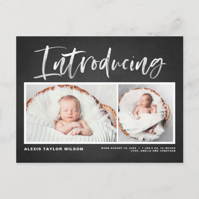 Brush Calligraphy Chalkboard Photo Collage Birth Announcement Postcard (Front)