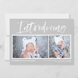 Brush Calligraphy Grey Photo Collage Birth Announcement