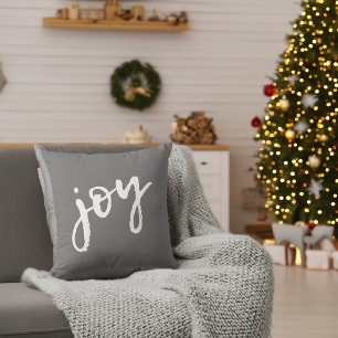 Brush Calligraphy Joy Snowflake Grey Christmas Cushion