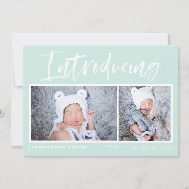 Brush Calligraphy Mint Green Photo Collage Birth Announcement (Front)