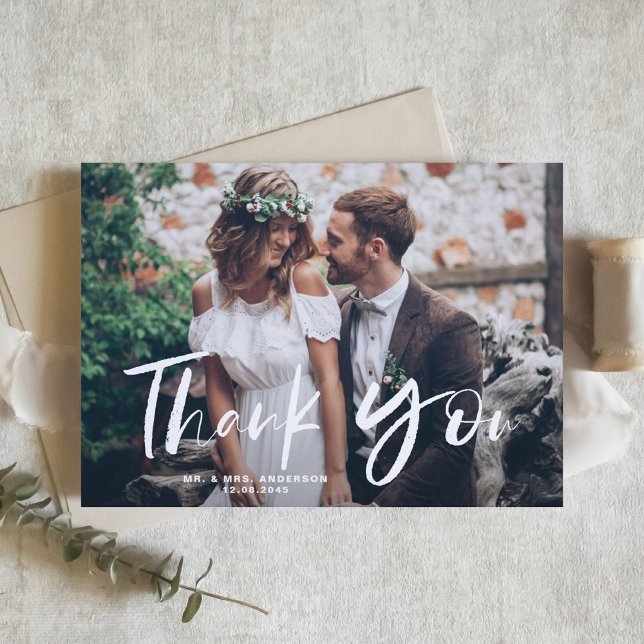 Brush Hand Lettered Photo Wedding Thank You Card (Creator Uploaded)