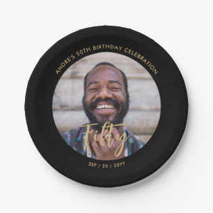 Brush Lettering Custom Photo 50th Birthday Party Paper Plate