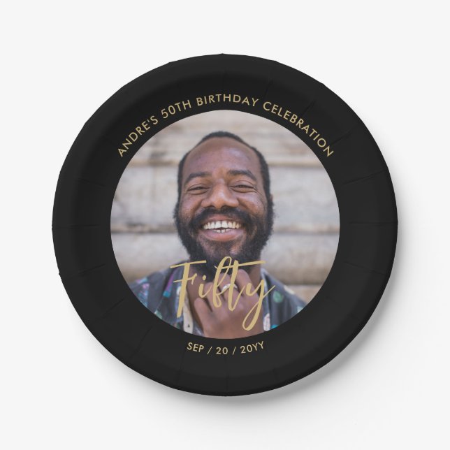 Brush Lettering Custom Photo 50th Birthday Party Paper Plate (Front)