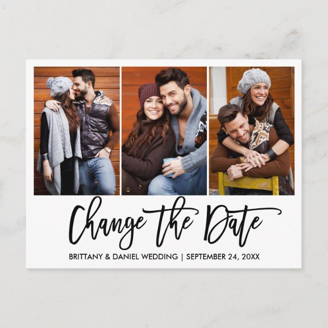 Brush Script 3 Photo Change The Date New Date Postcard (Front)