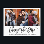 Brush Script 3 Photo Change The Date Photo Postcard<br><div class="desc">Modern Brush Script Change The Date Wedding Postponed Couple Photo Postcard</div>