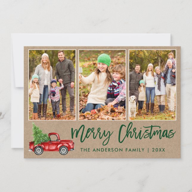 Brush Script 3 Photo Christmas Truck Kraft Holiday Card (Front)