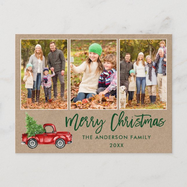 Brush Script 3 Photo Christmas Truck Kraft Postcard (Front)