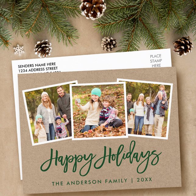 Brush Script 3 Photo Family Holiday Kraft Postcard (Customize to change your personalized text size or text style.)