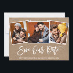 Brush Script 3 Photo Save Our Date Kraft Card<br><div class="desc">Modern Brush Script Rustic Wood Couple 3 Photo Save Our Date Engagement Announcement Kraft Card</div>