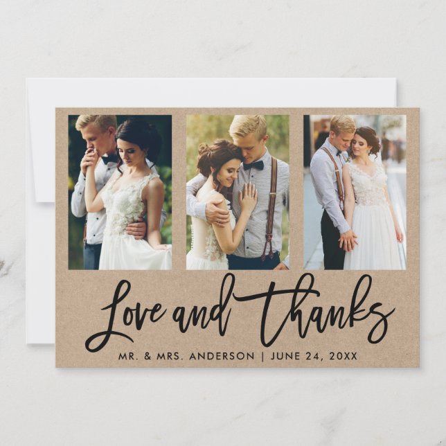 Brush Script 3 Photo Wedding Love and Thanks Kraft Thank You Card (Front)