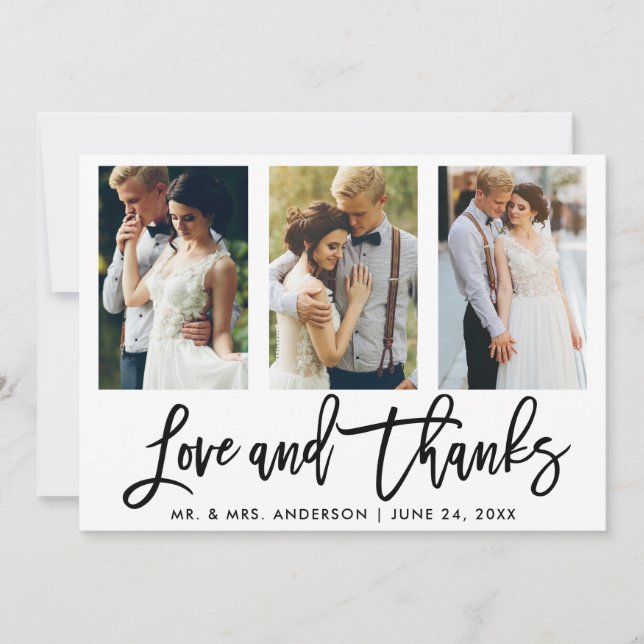 Brush Script 3 Photo Wedding Love and Thanks Thank You Card (Front)