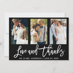 Brush Script 3 Photo Wedding Love Thanks Blk Thank You Card