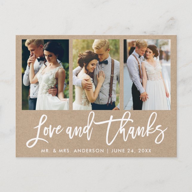 Brush Script 3 Photo Wedding Love Thanks Kraft Postcard (Front)