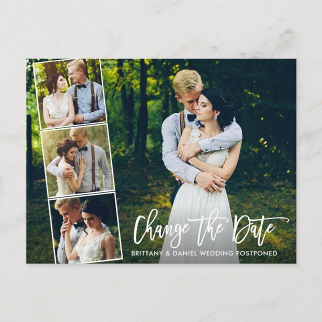 Brush Script 4 Photo Change The Date Postcard (Front)