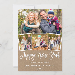Brush Script 4 Photo New Year Kraft Holiday Card