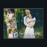 Brush Script 4 Photo Save The New Date Postcard<br><div class="desc">Modern Brush Script Save The New Date Wedding Postponed New Wedding Date Couple 4 Photo Collage Postcard</div>