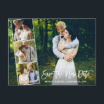 Brush Script 4 Photo Save The New Date Postcard<br><div class="desc">Modern Brush Script Save The New Date Wedding Postponed New Wedding Date Couple 4 Photo Collage Postcard</div>