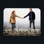 Brush Script Adventure Save The Date Photo Magnet<br><div class="desc">Our Adventure Begins,  Modern Brush Script Save The Date Engagement Couple Photo Magnet</div>