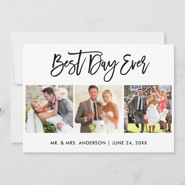 Brush Script Best Day Ever 3 Photo Wedding Thank You Card (Front)